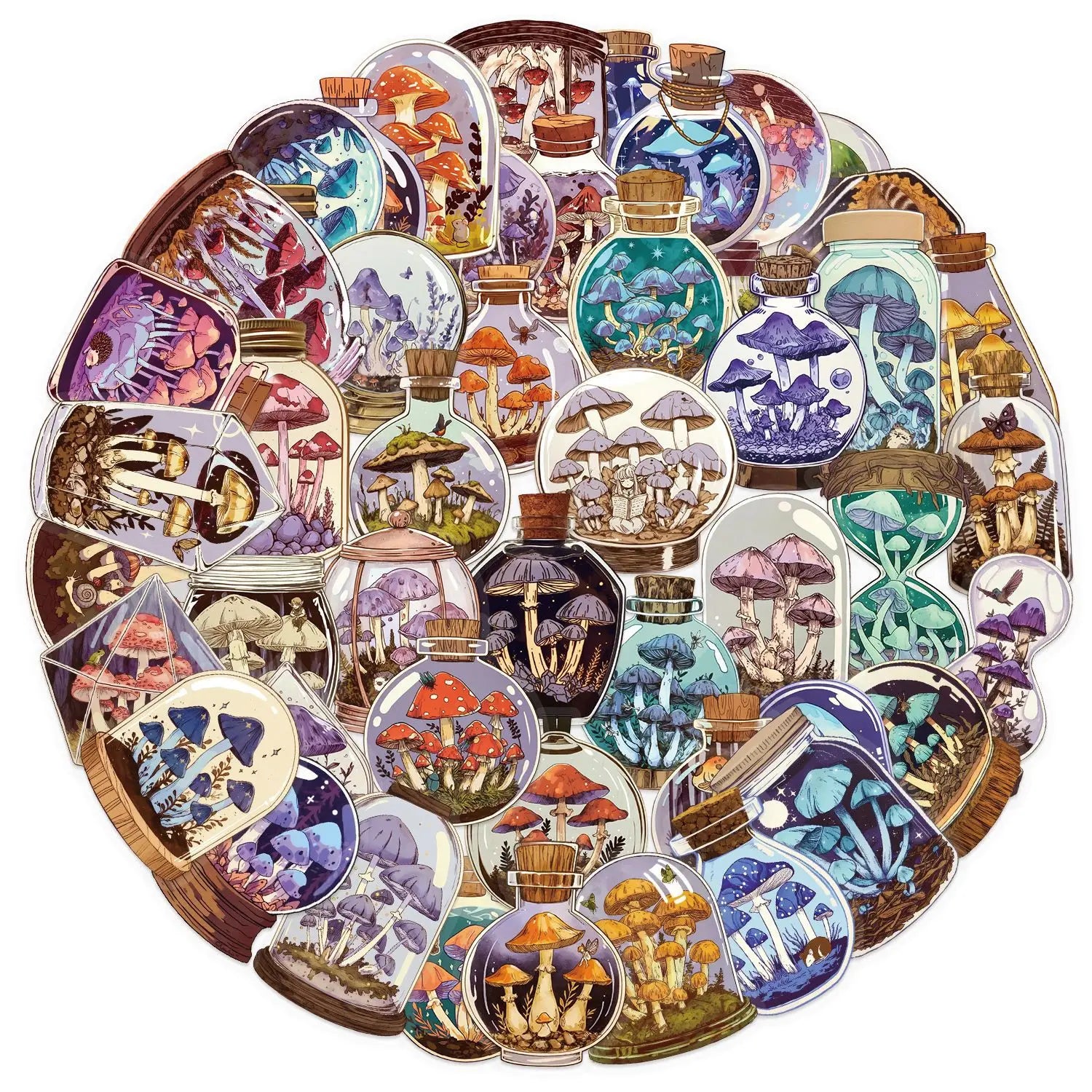 50/100PCS Transparent PET Cartoon Retro Mushroom Bottle Sticker Pack Waterproof Decorative Guitar Notebook Stickers