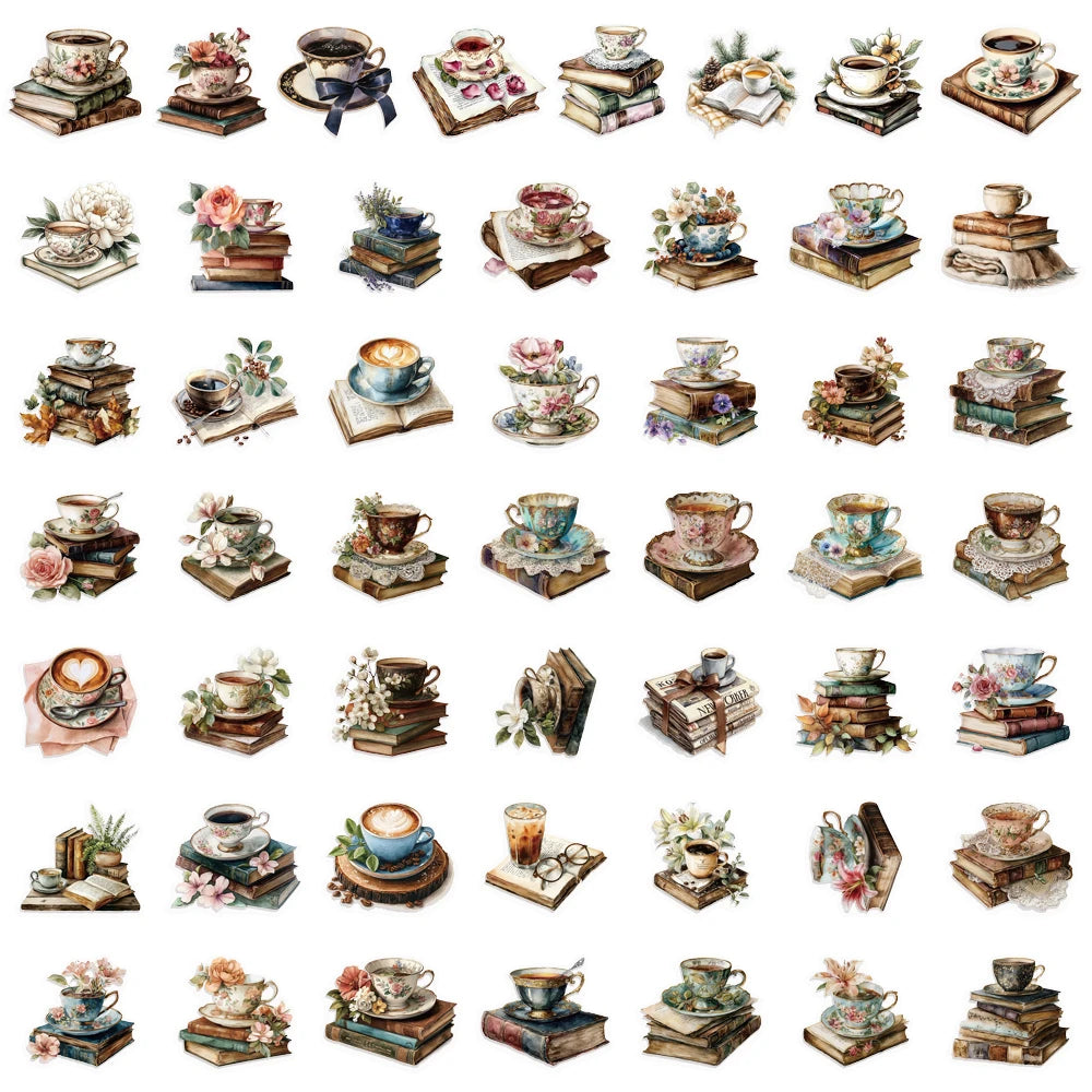 50PCS Creative Books and Coffee Stickers DIY Phone Cases Laptop Refrigerator Stickers Desktop Stickers Waterproof Toy Stickers