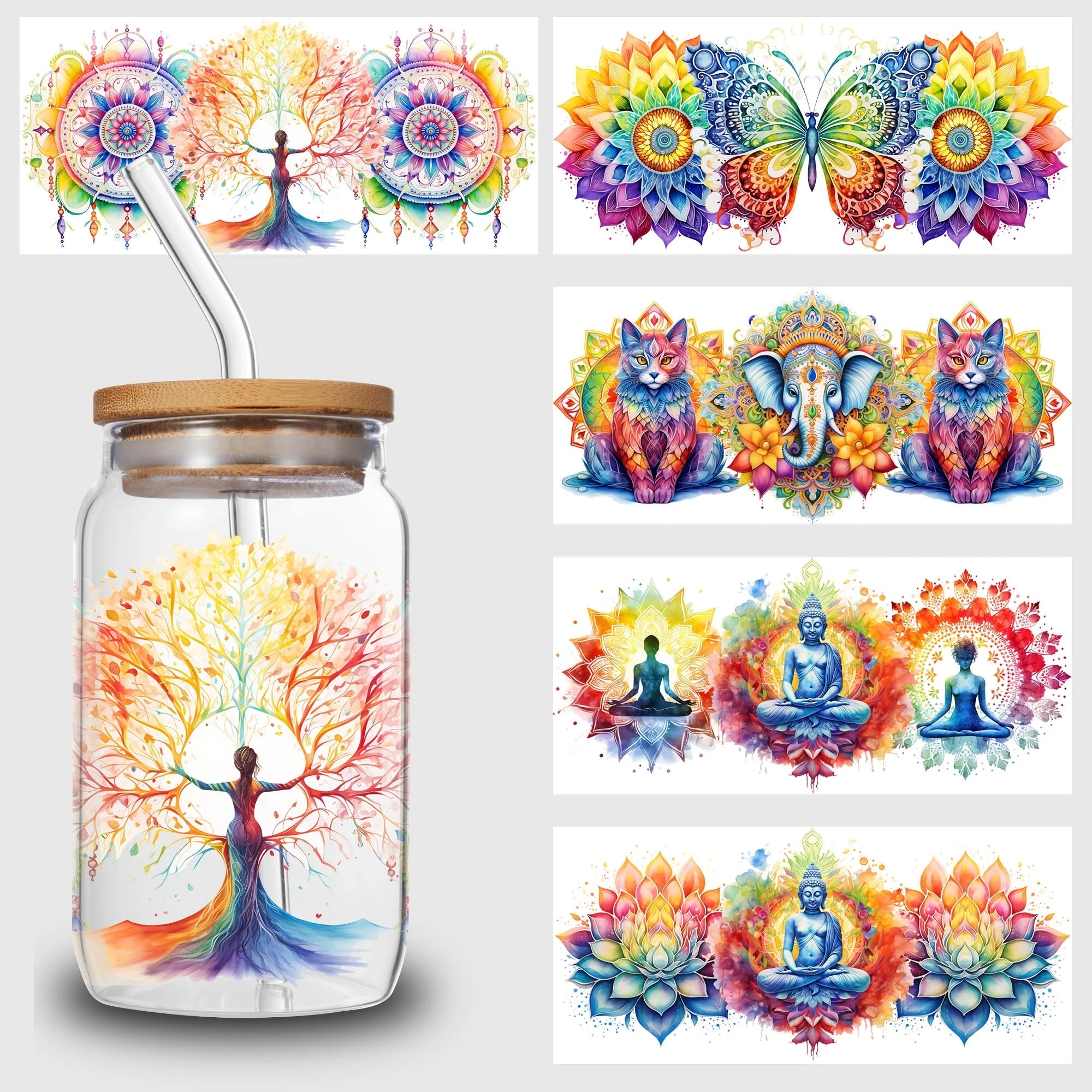 5 Sheets Indian Buddha Birthday UV DTF Cup Stickers, DTF Friction Transfer Stickers, Waterproof Transfer Stickers