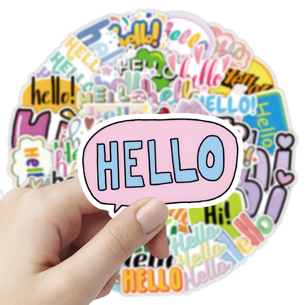 50-Pack Cartoon Greeting Hello Sticker Waterproof Decor for Phone Tablet Guitar Notebook Luggage Durable Cartoon Hello Stickers