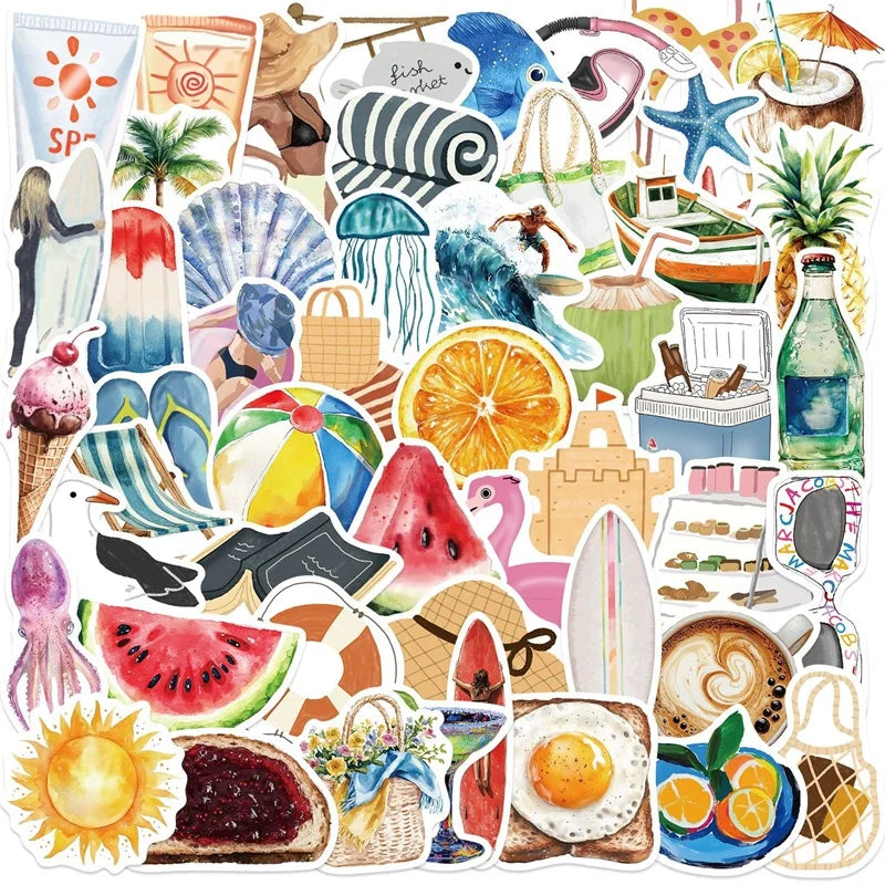 10/30/50PCS Kawaii Summer Life PVC Sticky Sticker Aesthetic DIY Stationery Decoration Scrapbooking School Supplies for Kids