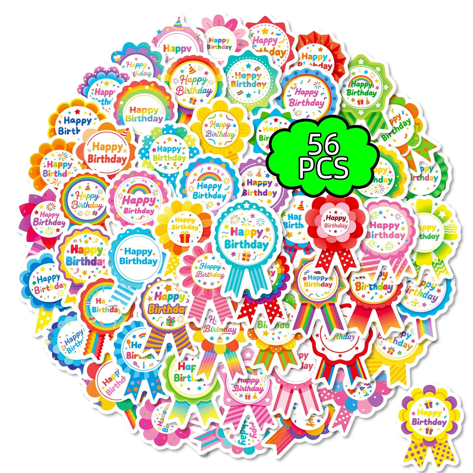 56/112 Pcs Happy Birthday Colorful Badge Stickers for Party Decor Reward Drawer, Desk School Supplies Fridge Suitcase Desk
