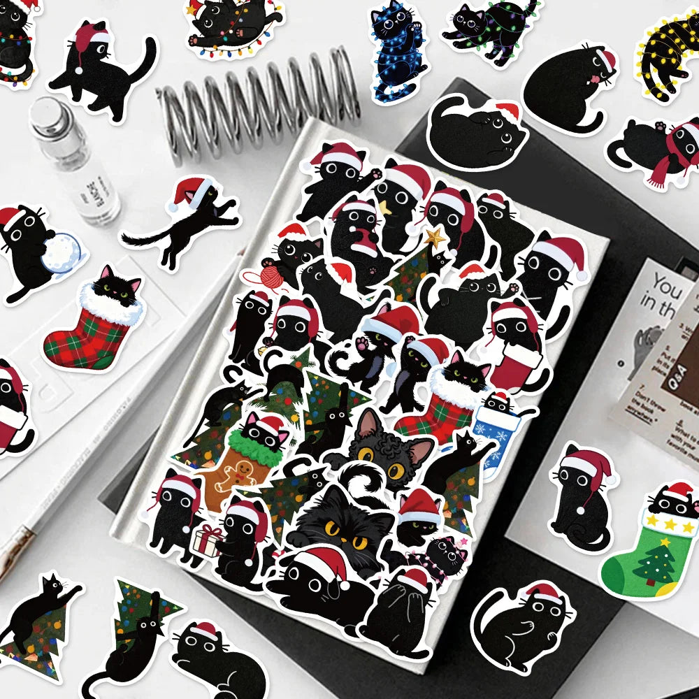 50PCS Cartoon Christmas Black Cat Reward Sticker Pack DIY Brochure Decorative Tablet Laptop Toy Stickers