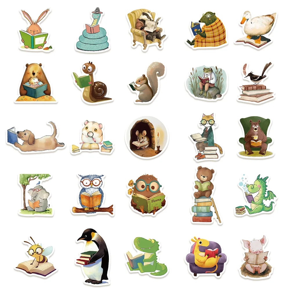 50/100PCS Animal Reading Animal Bookish Stickers Luggage, Computer, Mobile Phone, Helmet, Waterproof Stationery Stickers