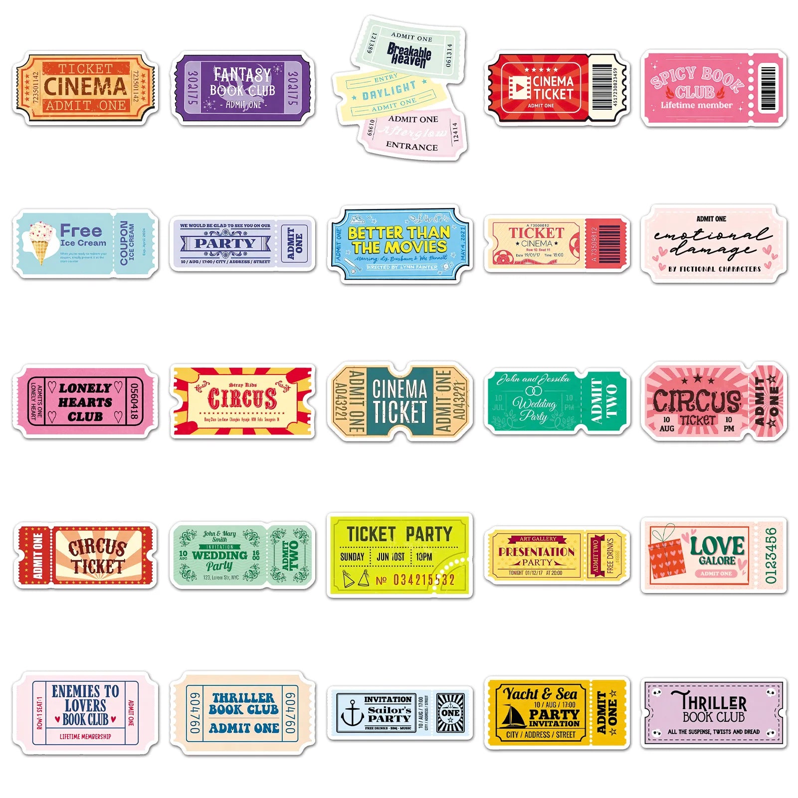 50-Pack Creative Cartoon Ticket Stickers Waterproof DIY Graffiti Decals for Mobile Phones Guitars Helmets Luggage Notebooks