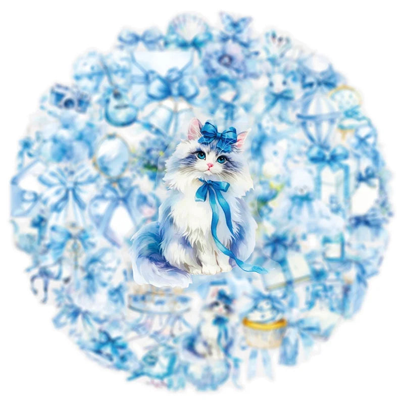 50PCS Kawaii Blue Bow PET Sticky Sticker Aesthetic Tear Open Korean Decoration Scrapbooking Stationery Supplies for Kids