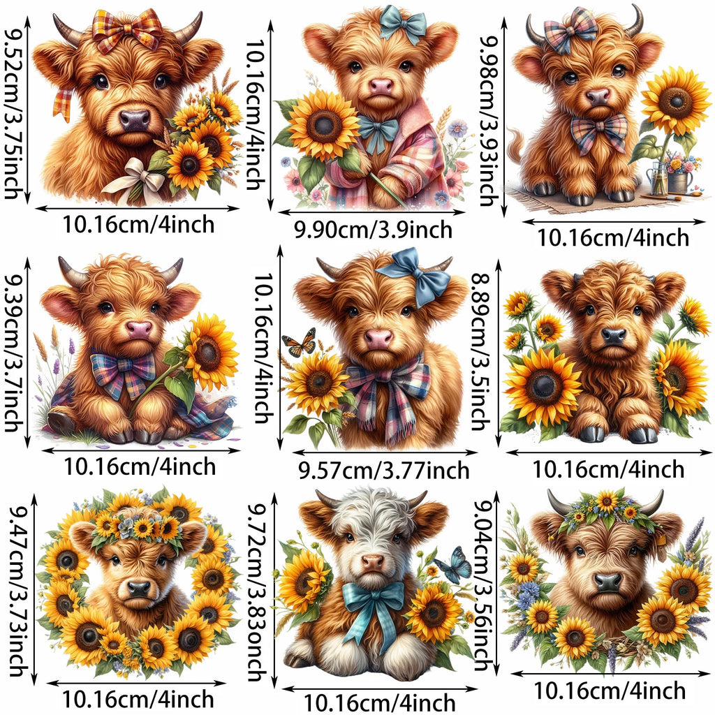 9 sheets Highland Cattle Animal Theme Iron-On Decals T-Shirt Heat Transfers for DIY, Funny, Sunflower, T-shirts, Masks, Jeans