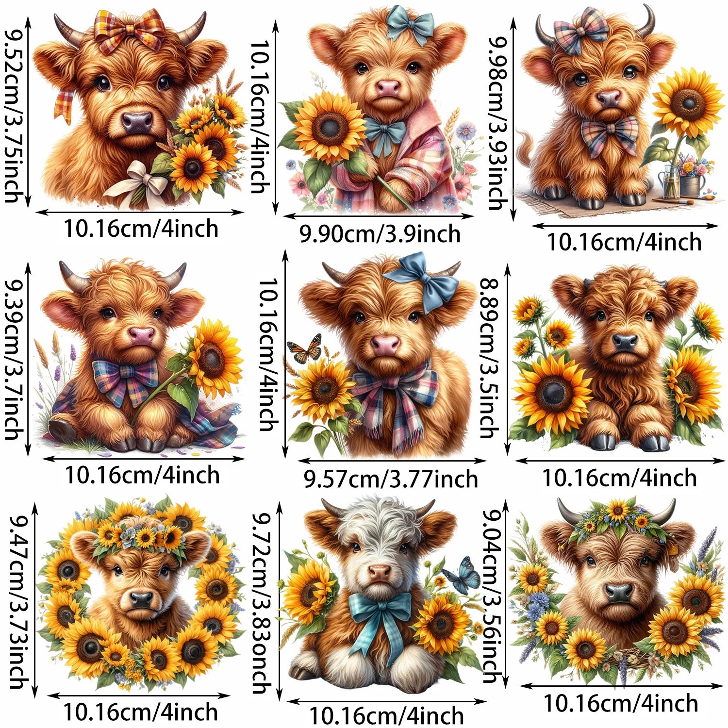 9 sheets Highland Cattle Animal Theme Iron-On Decals T-Shirt Heat Transfers for DIY, Funny, Sunflower, T-shirts, Masks, Jeans