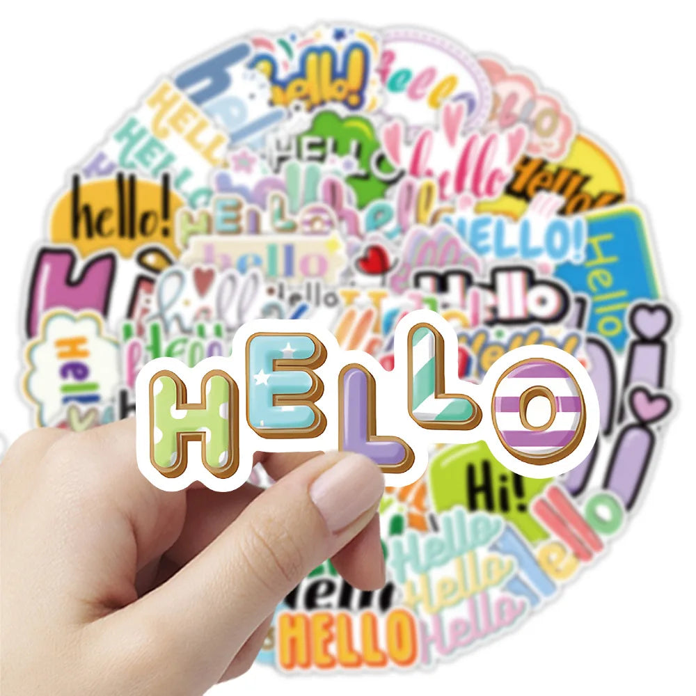 50-Pack Cartoon Greeting Hello Sticker Waterproof Decor for Phone Tablet Guitar Notebook Luggage Durable Cartoon Hello Stickers
