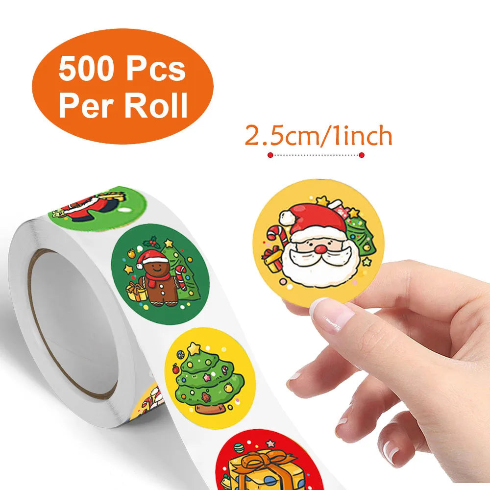 500Pcs/Roll 8 Designs Christmas Theme Elks Santa Claus, Christmas Trees Stickers 2.5cm/1.0'' Beautiful Merry Christmas Decals