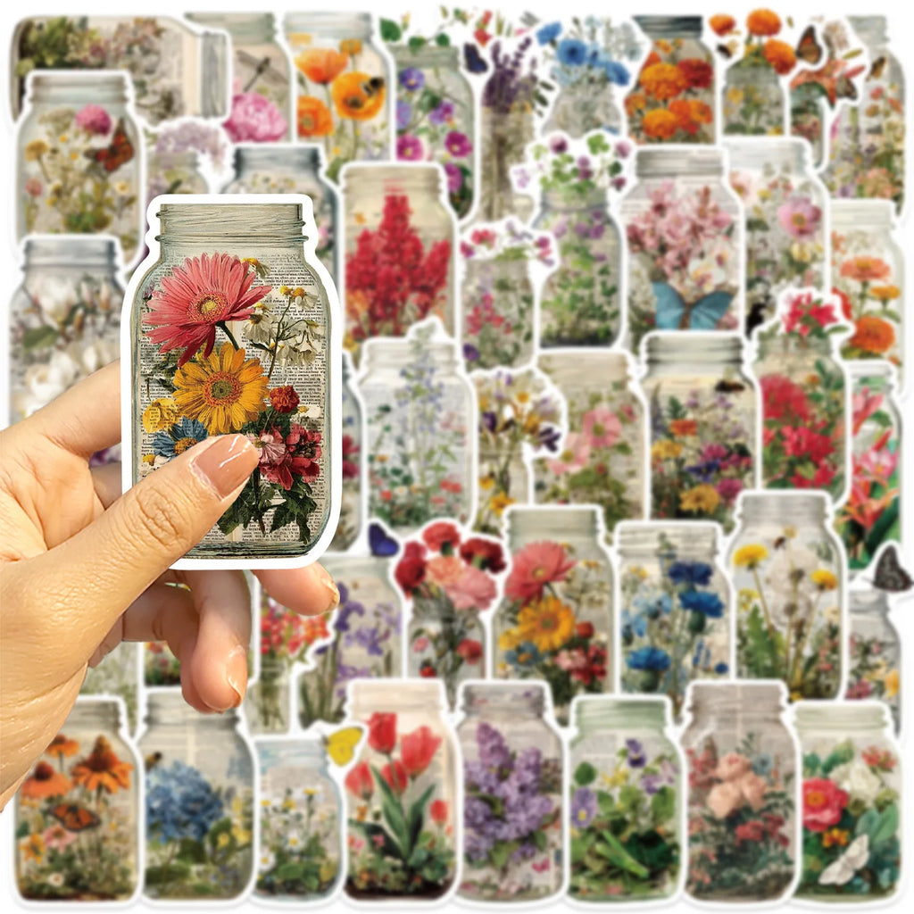 50/100Pcs Retro Flower Bottle Doodle Sticker School Stationery Notebook Decals Guitar Laptop Luggage DIY Waterproof Stickers