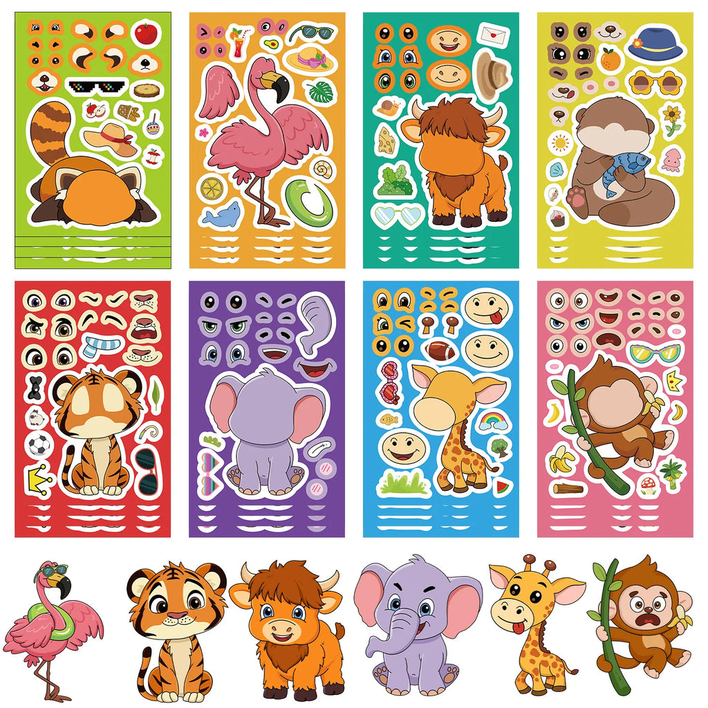8/16/24PCS Animal Face Changing Collar Cute Cartoon DIY Notebook Phone Stationery Box Decorative Stickers