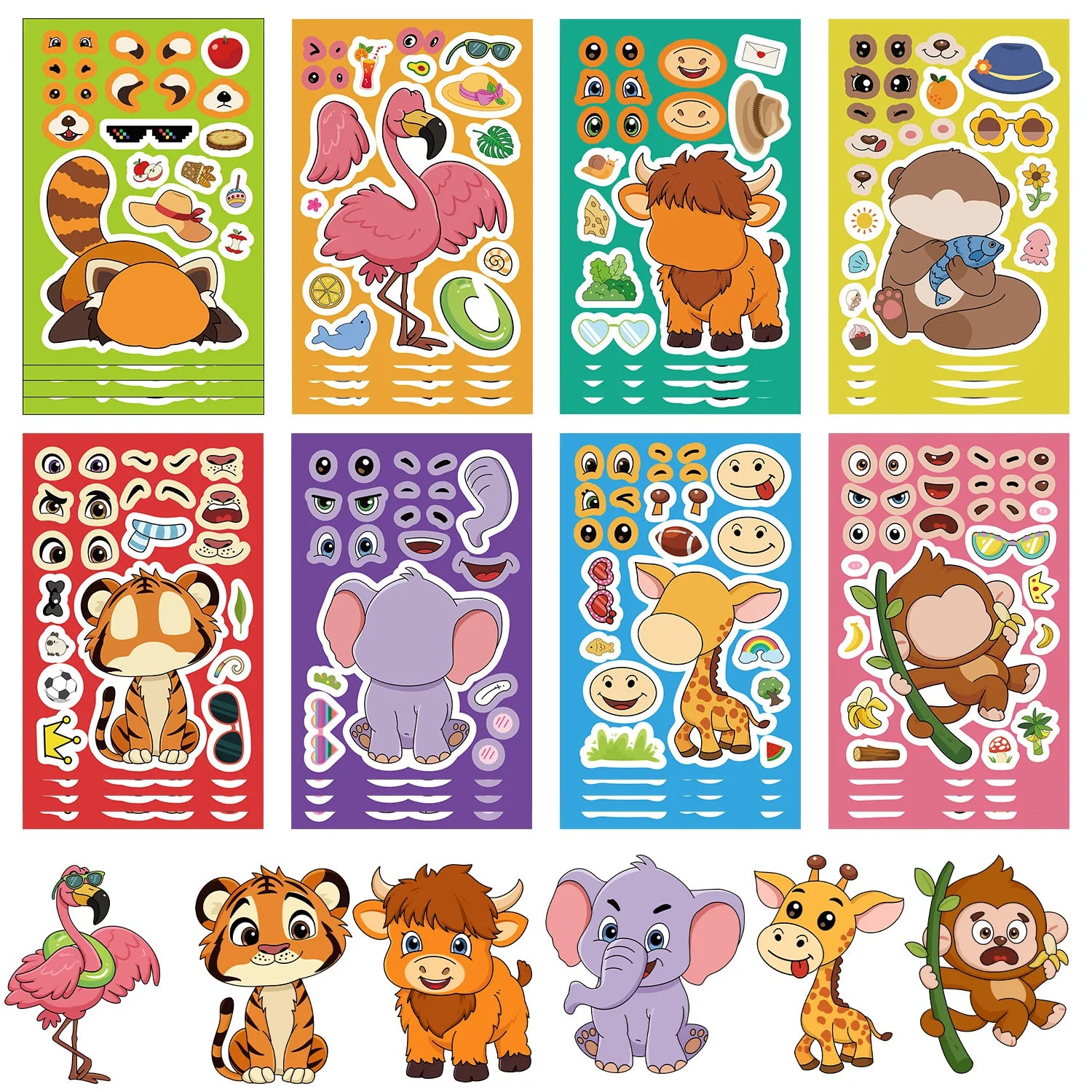 8/16/24PCS Animal Face Changing Collar Cute Cartoon DIY Notebook Phone Stationery Box Decorative Stickers