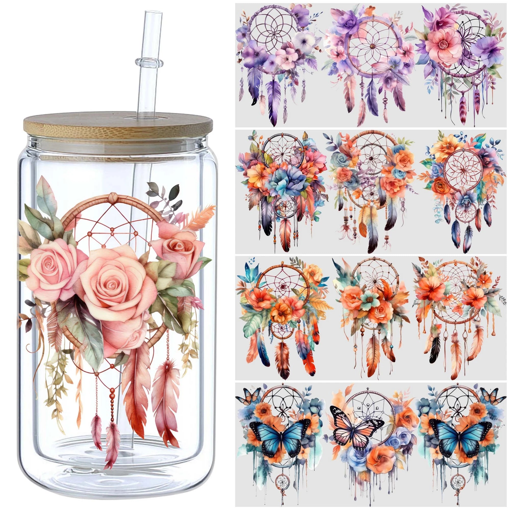 5 sheets Dreamcatcher UV DTF Cup Stickers, DTF Transfer Stickers, Waterproof Wipe-Off Transfer Paper for 16oz Glass, Mug, Crafts
