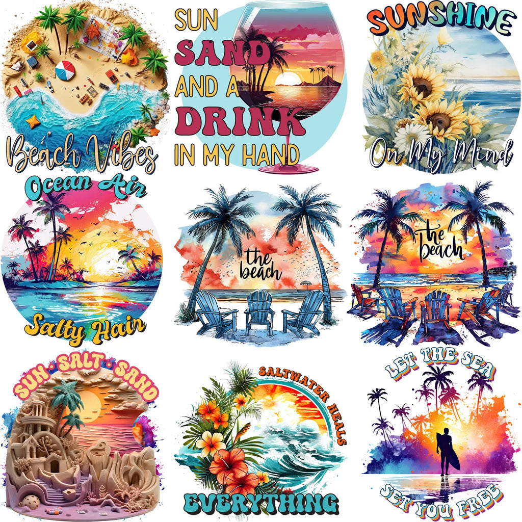 9 sheets Summer Beach Sunset Series DIY Theme Iron-on Applique Patches Colorful Theme Heat Transfer DIY Clothing, T-shirts
