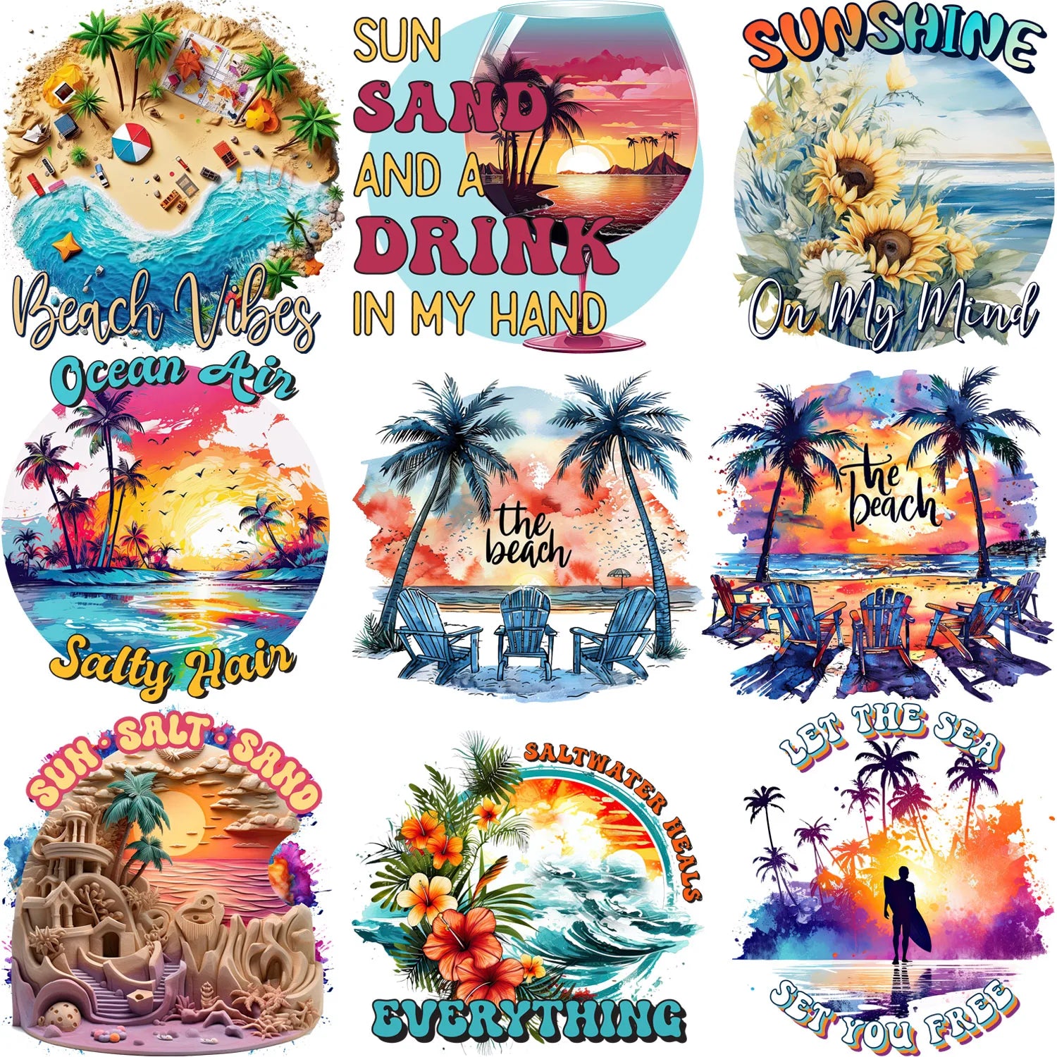 9 sheets Summer Beach Sunset Series DIY Theme Iron-on Applique Patches Colorful Theme Heat Transfer DIY Clothing, T-shirts