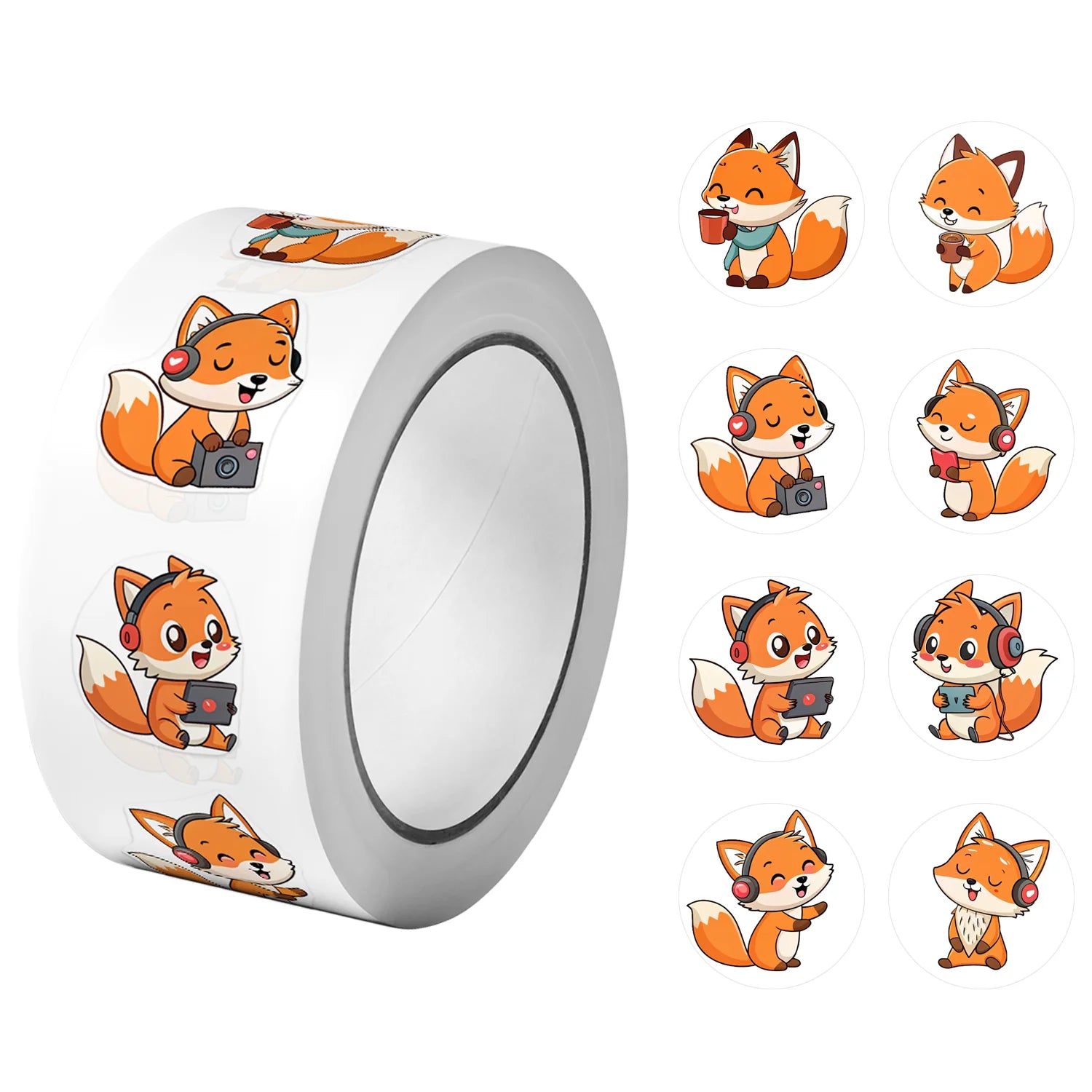 1Roll(500Pcs) Cute Listening Music Playing Game Cool Foxes Stickers 2.5cm/1.0'' 8 Designs Decals Diy Adorn Gifts Packing Labels