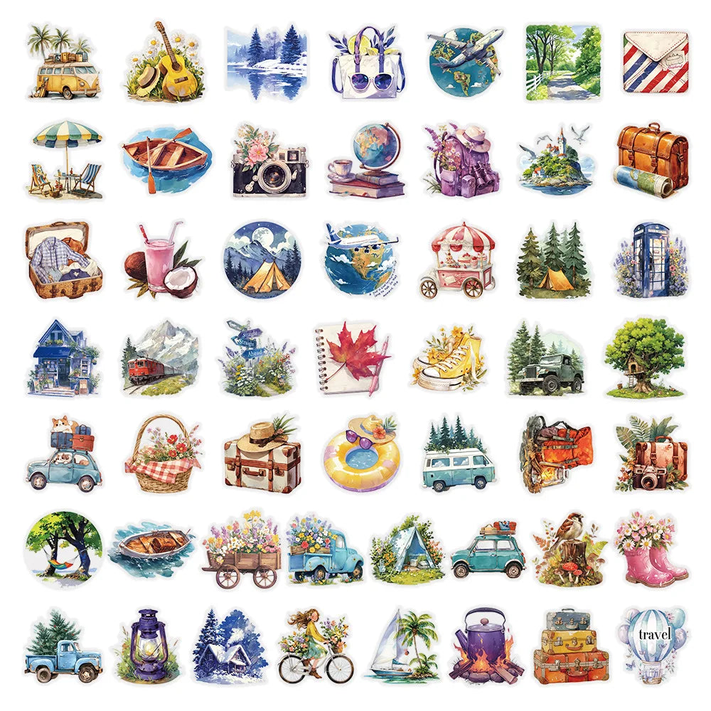50/100PCS Transparent PET Outdoor Travel Cartoon Stickers Watercolor Camping Creative Painting Decor Flat Stationery Sticker