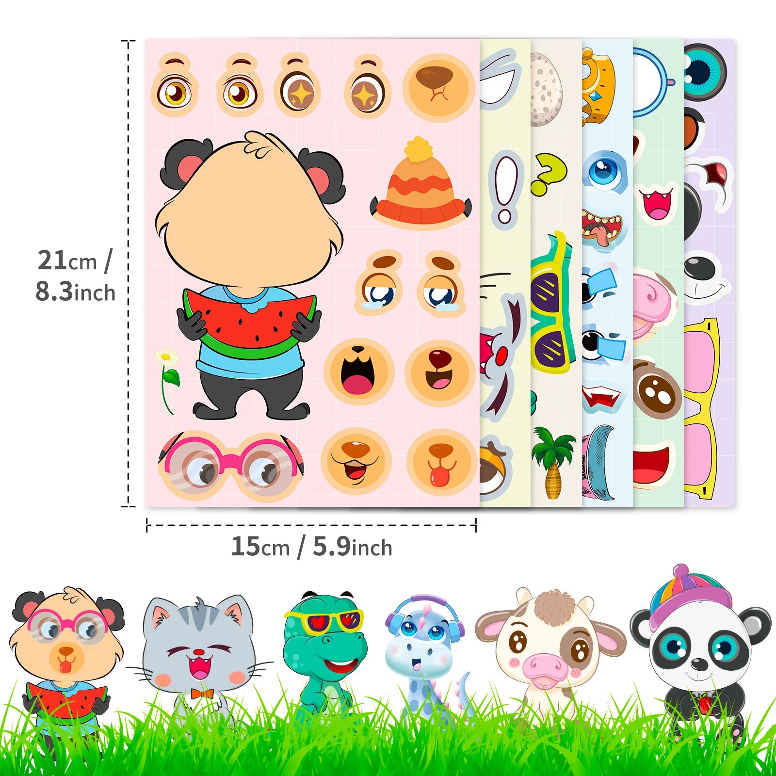 6/12 Pcs Large Cartoon Animal Make A Face Puzzle Relocatable Stickers DIY Game for Scrapbook Desk Stationery Box Helmet Phone