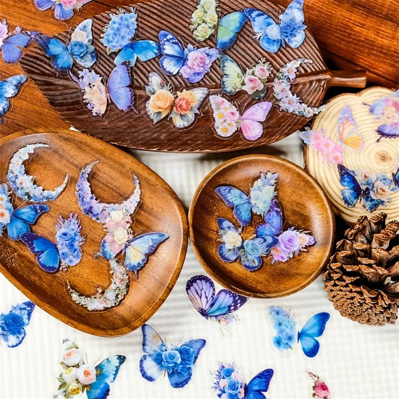 56PCS Cartoon Blue Butterfly PET Sticky Sticker Aesthetic Tear Open DIY Decoration Scrapbooking Sketchbook Supplies for Kids