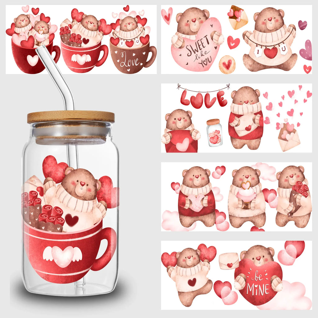 5 Sheets Valentine's Day UV DTF Cup Stickers,Glass Sports DTF Transfer Stickers,Waterproof Couple Wipe Transfers for 16 oz Glass