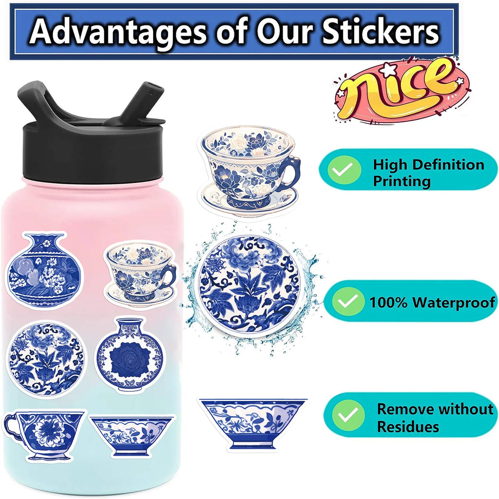 50PCS Cartoon Blue and White Porcelain Stickers Personalized Decoration Guitar Notebook Luggage DIY Waterproof Stickers