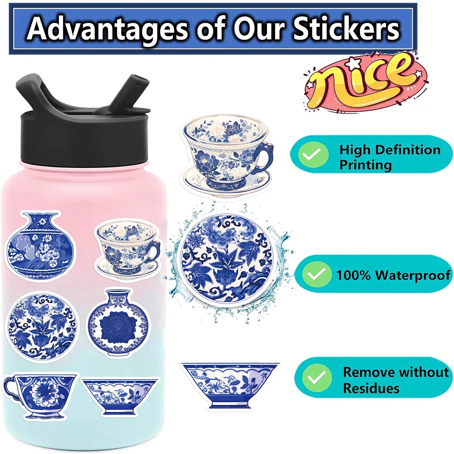 50PCS Cartoon Blue and White Porcelain Stickers Personalized Decoration Guitar Notebook Luggage DIY Waterproof Stickers