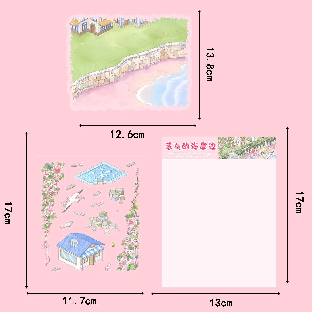 3PCS The Coast of Rose Landscaping Miniature Scene Sticker Aesthetic Casual Skateboard Art Picture Cafe Decoration Stickers