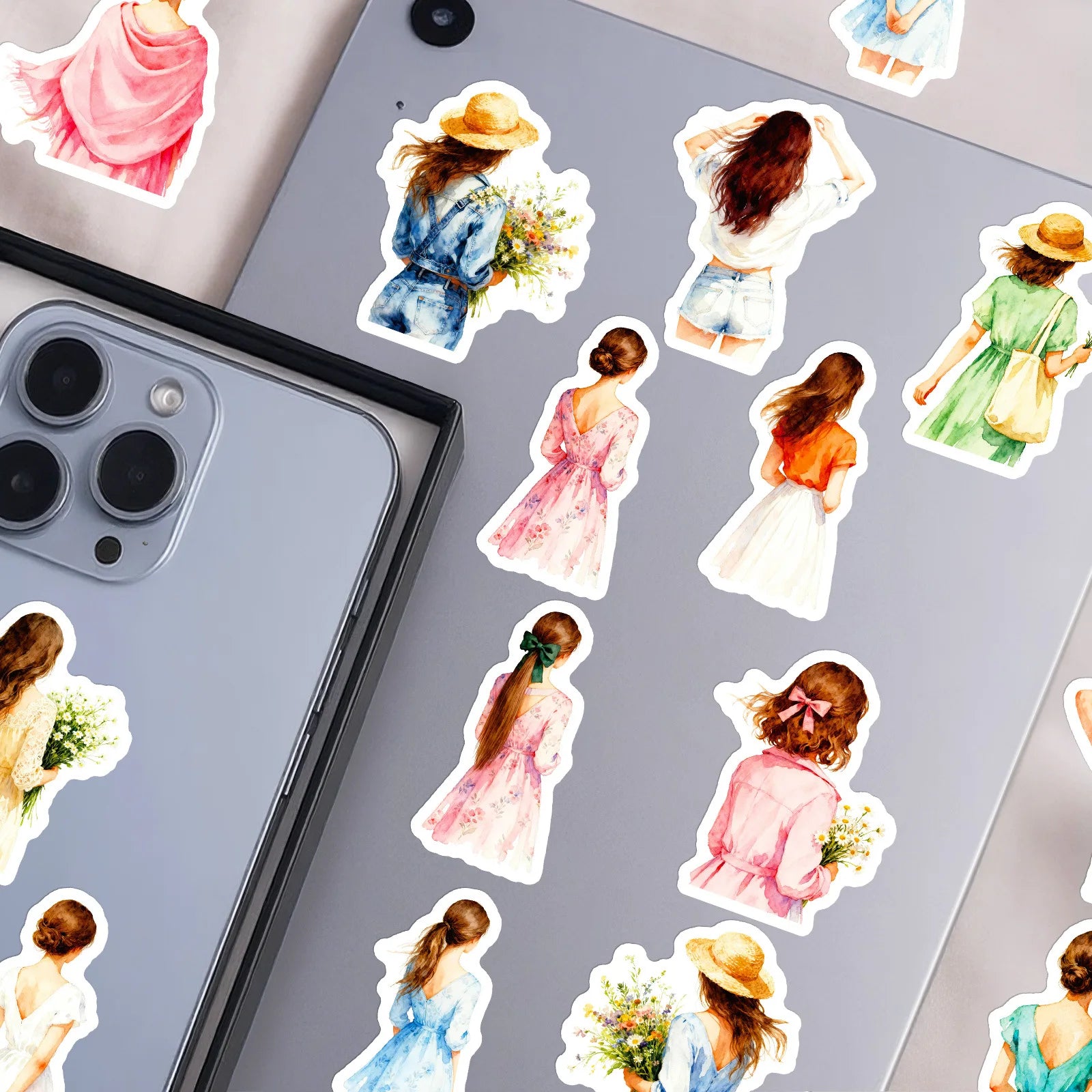 56PCS Watercolor Style Fashion Girl Silhouette Stickers, Office School Supplies Journal Notebook Fridge Aesthetic Sticker