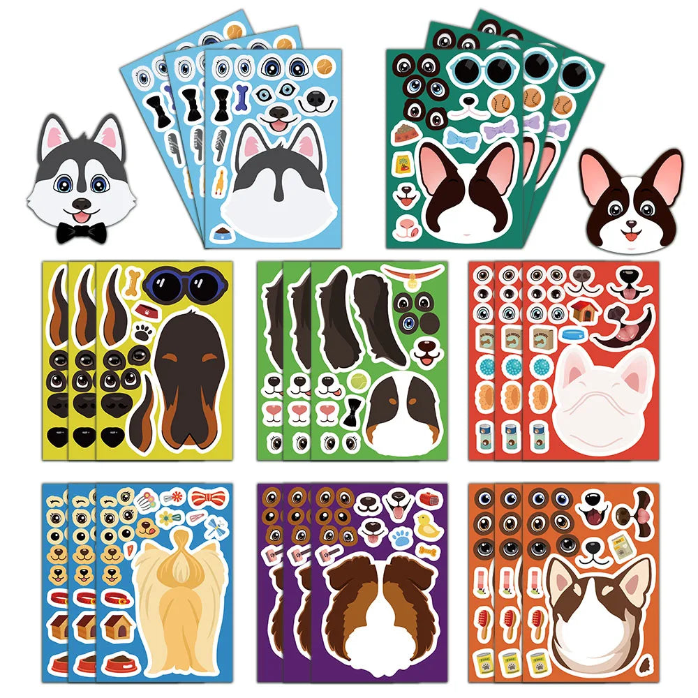 8PCS Dog Cartoon Face Changing Fun Puzzle Stickers DIY Handmade Clip Box Suitable for Tablet Speakers Puzzle Toy Stickers