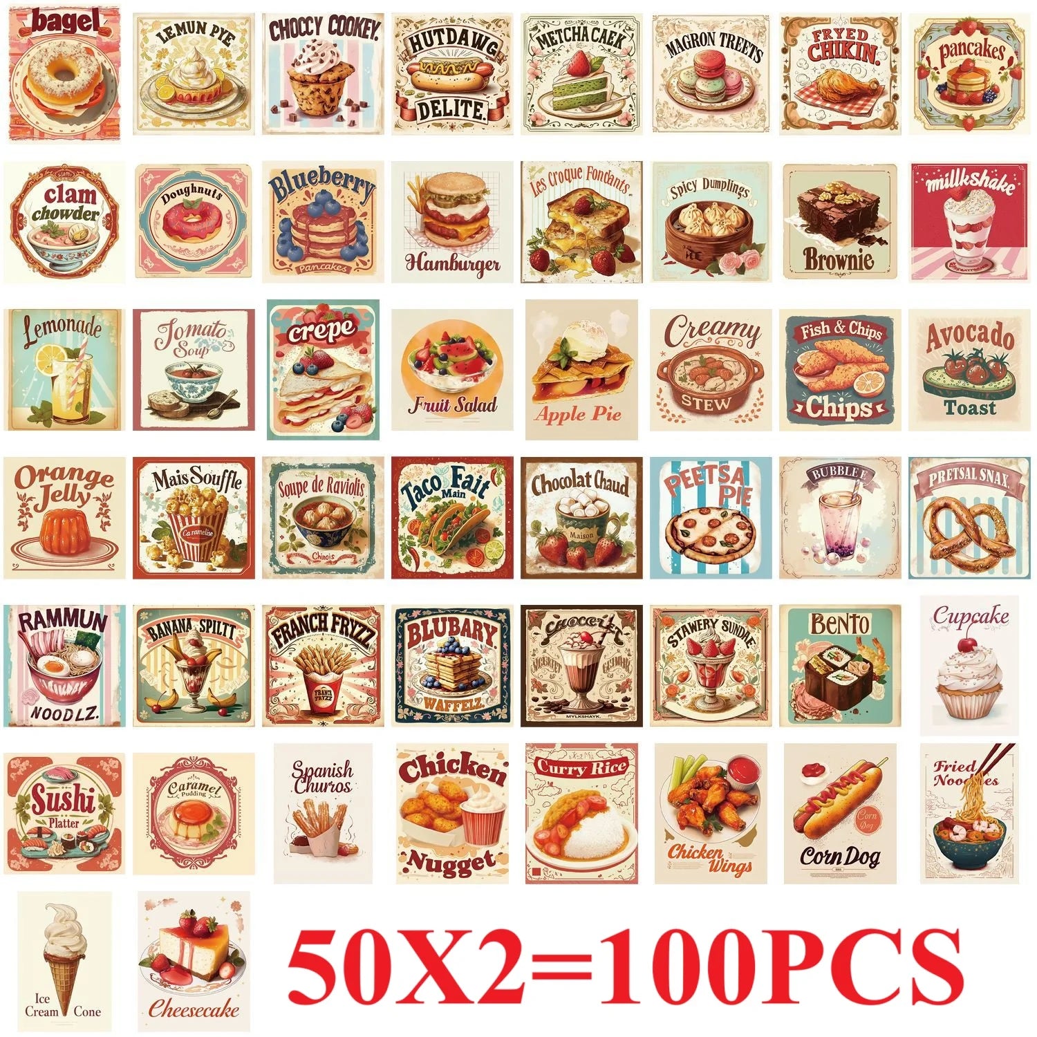 50/100PCS Waterproof Cartoon Retro Delicious Food Graffiti Stickers DIY for Decoration Guitar Notebook Luggage