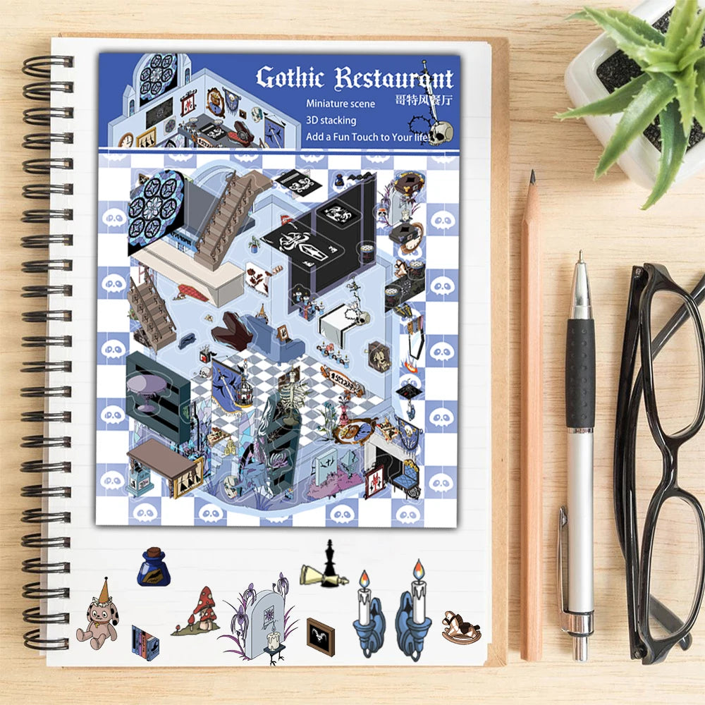3PCS Gothic Restaurant Landscaping Miniature Scene Sticker Bicycle Graffiti Casual Scrapbook Personalized Cafe Decoration Sticke