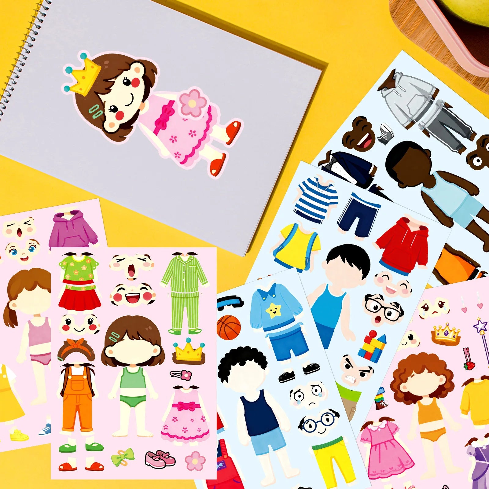 6/12PCS DIY Dress up Puzzle Stickers for Cartoon Characters with Different Skin Colors Clothing Expression Funny Sticker