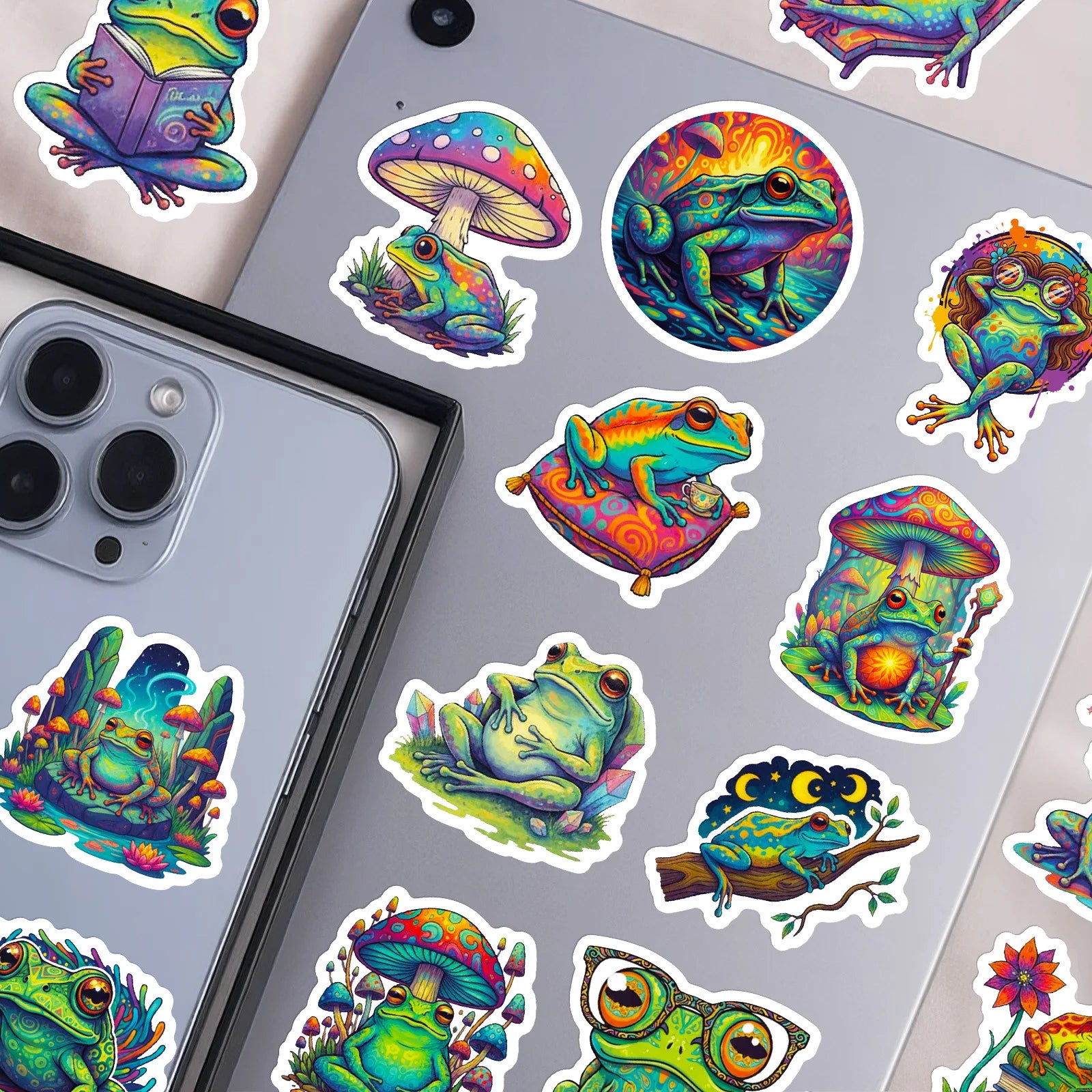 56/112 Pcs Reusable Cartoon Frog Decal Stickers for DIY Helmet Skateboard Guitar Piano Notebook Stationery Box Suitcase Fridge