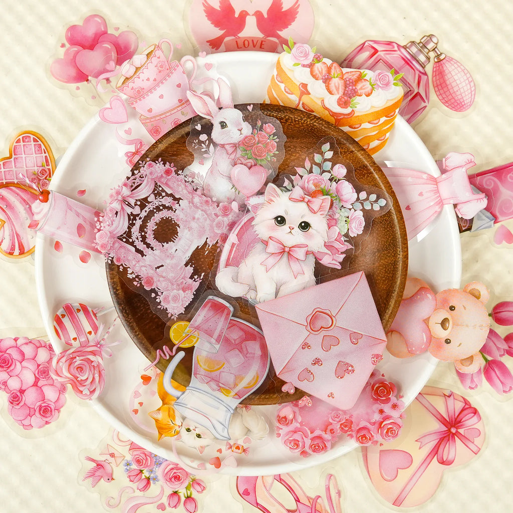 56/112PCS Pink Valentine's Day Cartoon Stickers Transparent PET High Beauty Festival Decorative Stickers