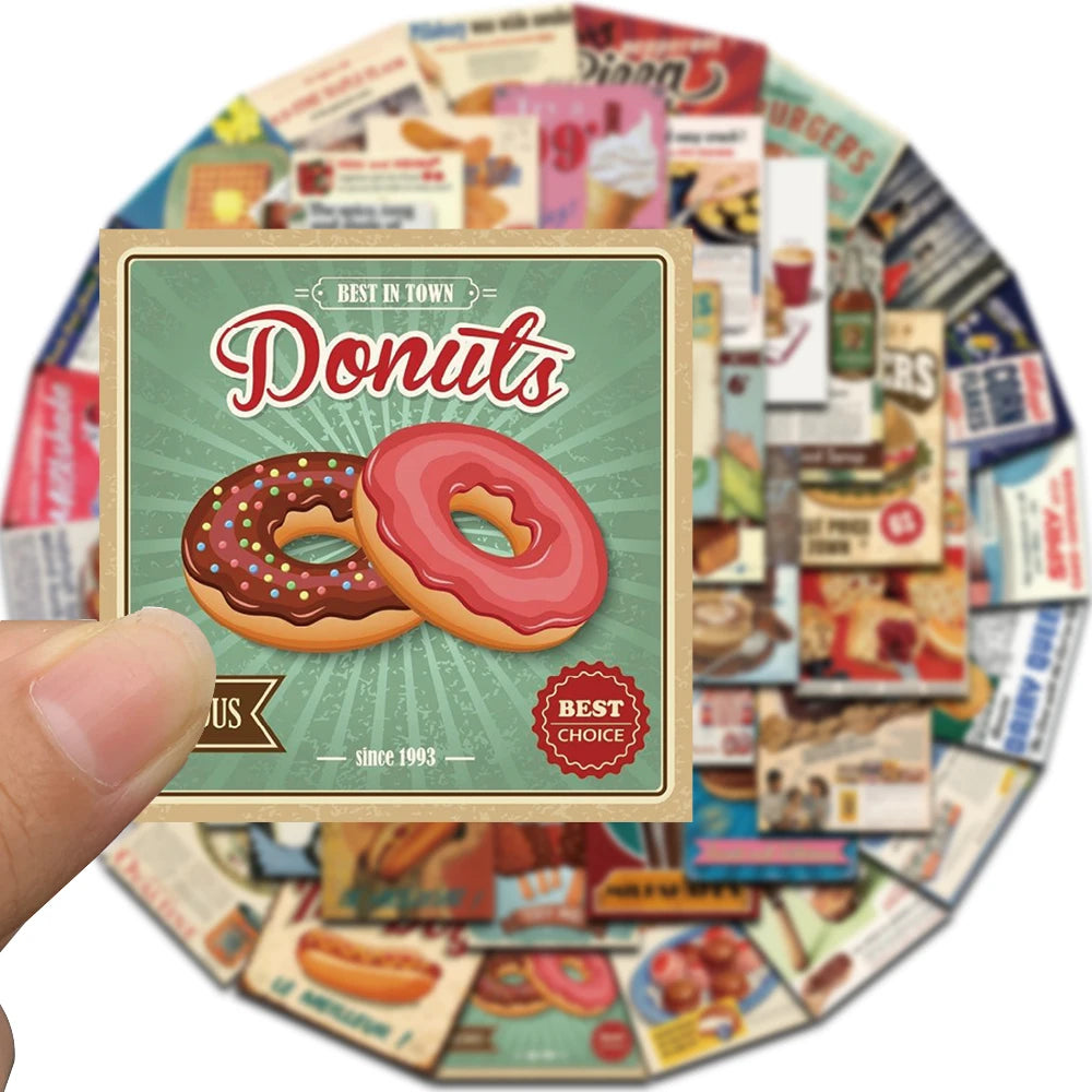 50PCS Retro Cartoon Food Stickers Notebook Gift Living Room For Laptop Creative Luggage Motorcycle Coffee Graffiti Phone Sticker