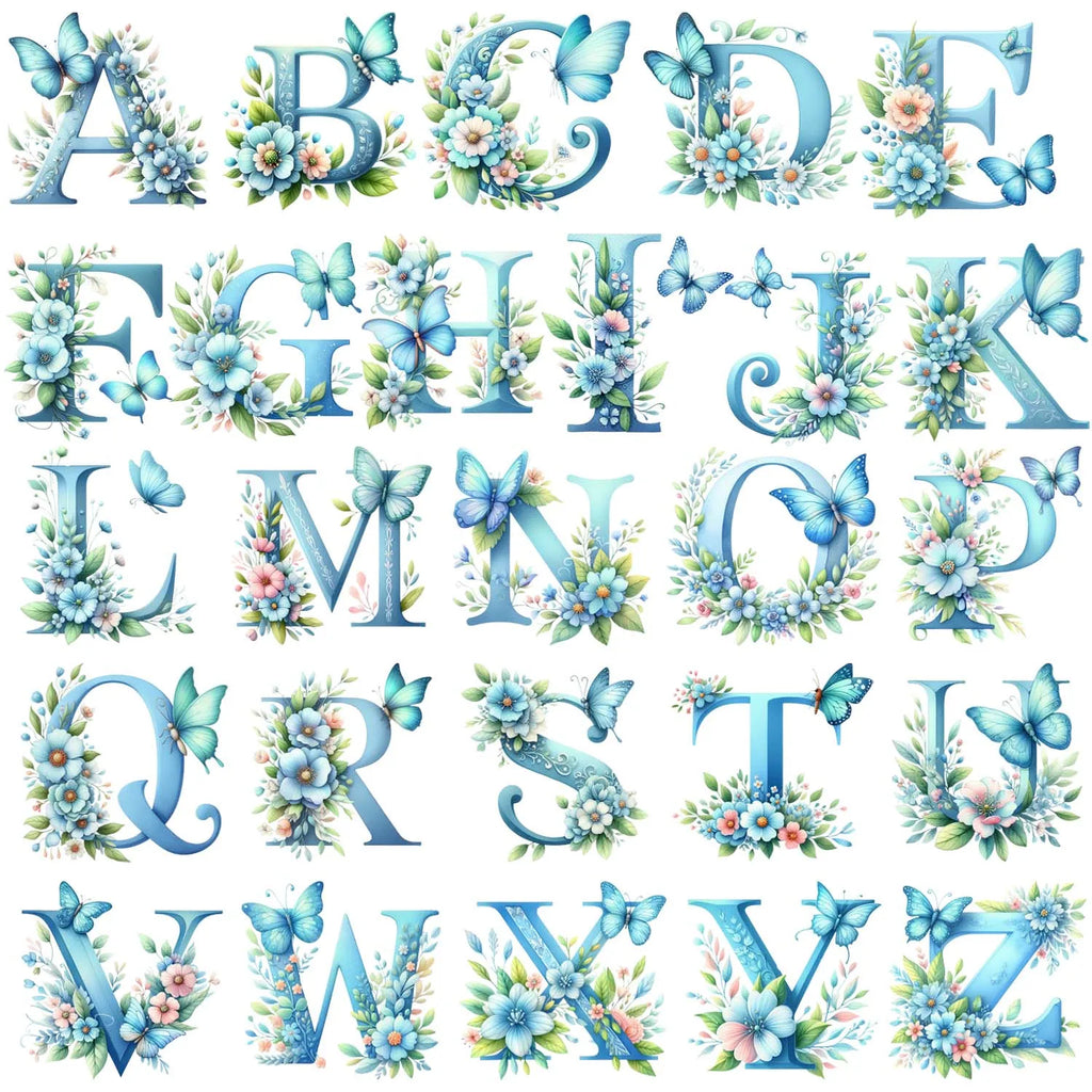 1 set of A~Z letter flower UV DTF transfer stickers, waterproof wipe transfer stickers, suitable for glasses
