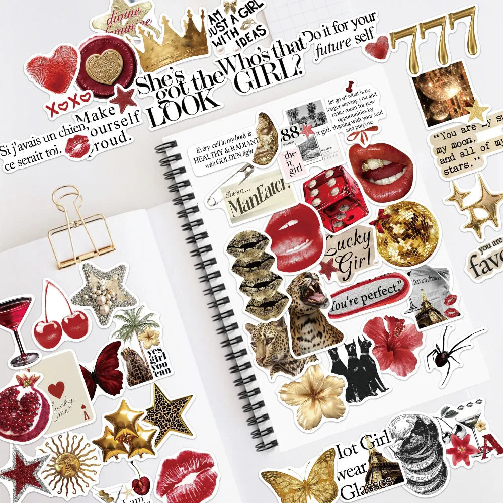 50-100PCS Gold & Red Y2K Stickers DIY Account Phone Cases Water Cups Computer Decoration Waterproof Stickers