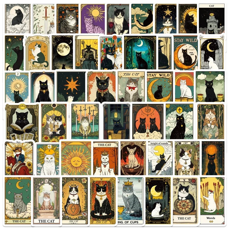 10/30/50PCS Vintage Tarot Cat Sticky PVC Sticker Aesthetic Children's Stationery DIY Decoration Scrapbooking School Supplies