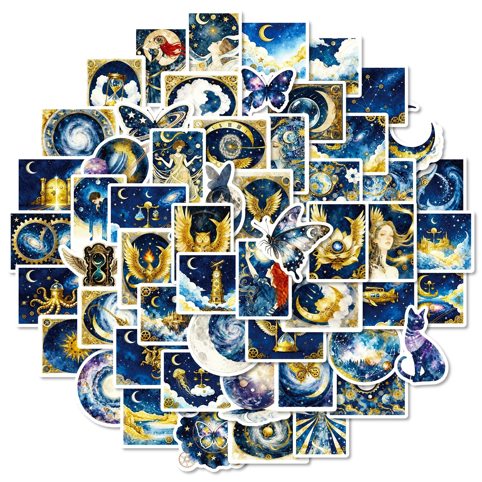 56PCS Dreamy Galaxy Blue Gold Stickers, Phone Tablet Student Stationery Creative Fantasy Decorative Waterproof Art Sticker