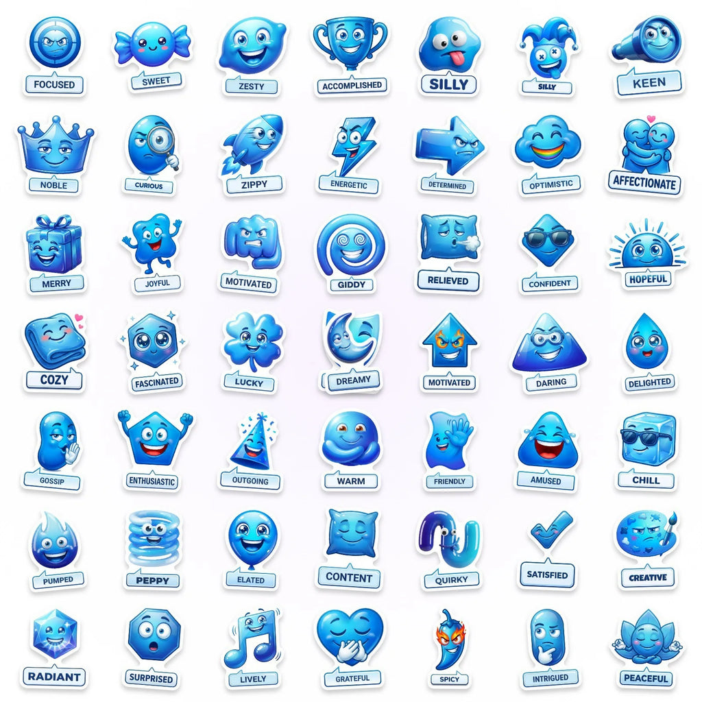50/100 Pcs Blue Mood Management Stickers Cartoon Emoji Alphabet for Game Phone Toy Shelf File Holder Laptop Decals