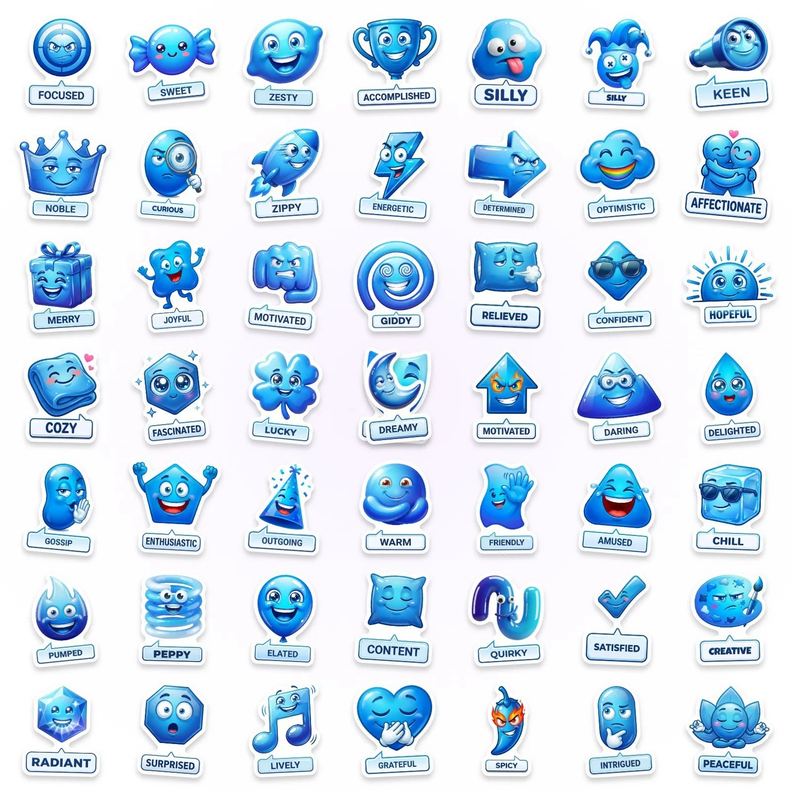 50/100 Pcs Blue Mood Management Stickers Cartoon Emoji Alphabet for Game Phone Toy Shelf File Holder Laptop Decals
