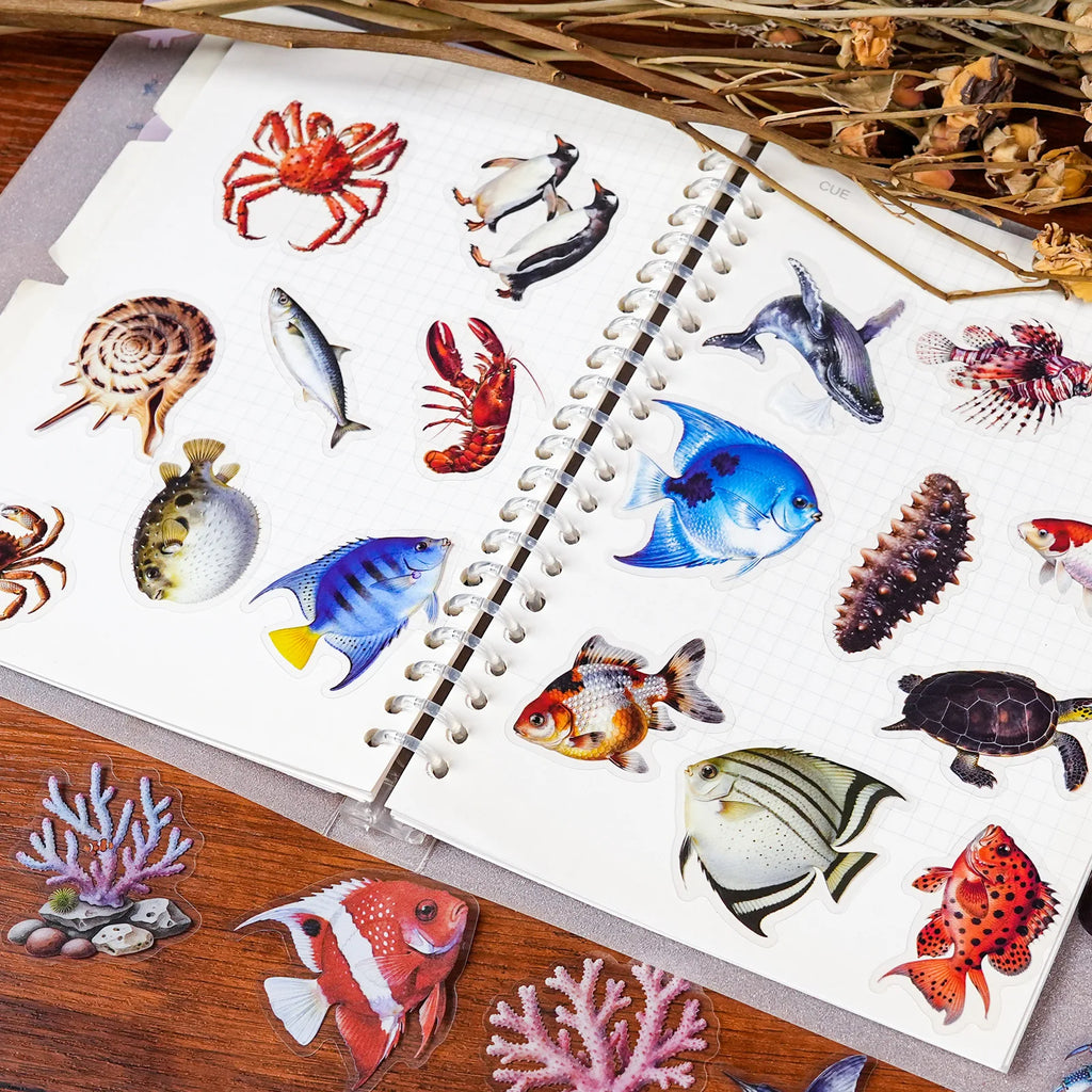 56/112 Pcs New Realistic Marine Animal PET Stickers High Transparency Various Fish Creative Handmade for Notebook Fridge Cabinet