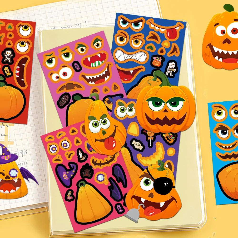 8PCS Halloween Fun and Funny Pumpkin Head Creative Collage DIY Manual for Phone Cases, Tablets, Water Cups, Decorative Stickers
