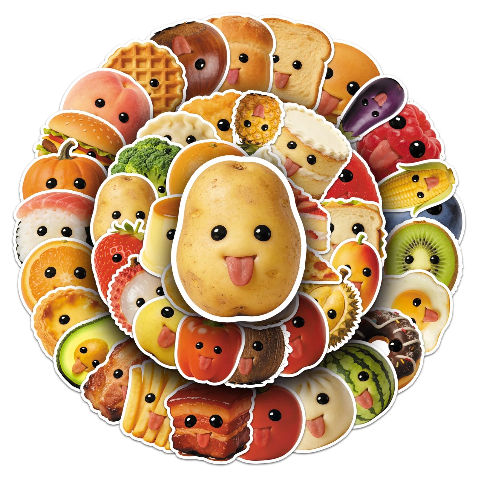 60-Piece Abstract Food Fun Emotion Graffiti Stickers Waterproof Decor DIY for Mobile Phone Case Helmet Guitar Notebook