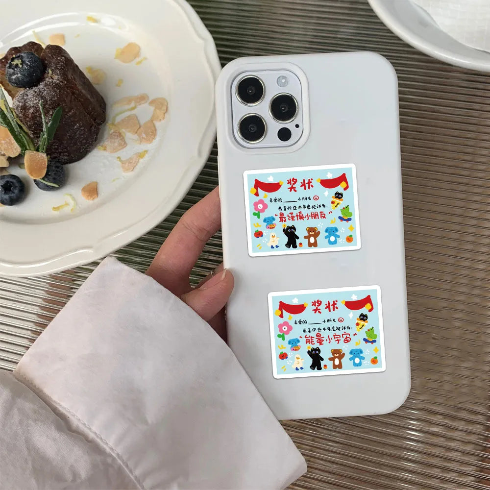 50PCS Cute Cartoon Certificate Creative Fun Stickers DIY Handmade Audio Decoration Luggage Notebook Label Reward Stickers
