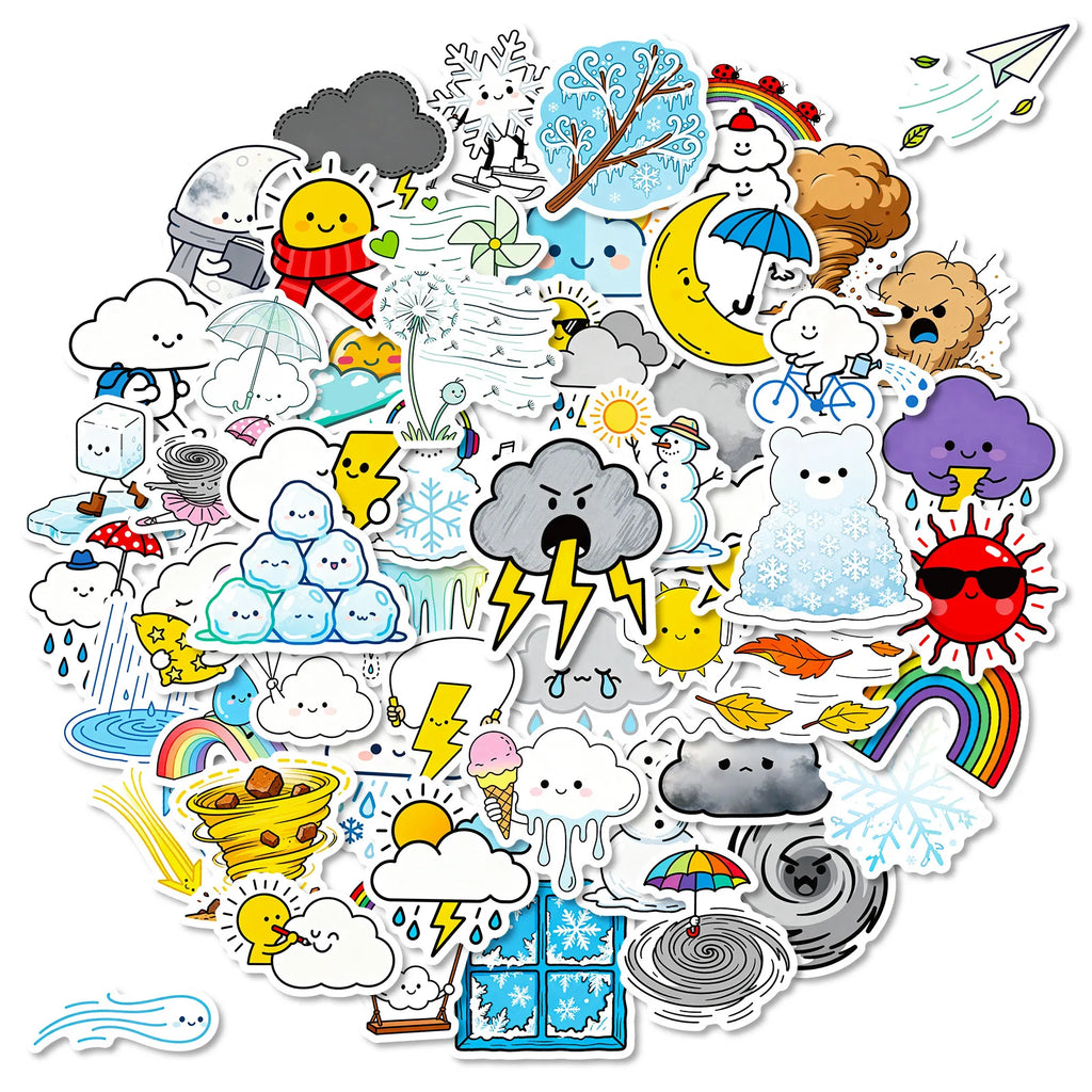 56/112 Pcs Weather Cartoon PET Transparent Fun Stickers for Stationery Box Suitcase Fridge Drawer Cup Phone Laptop