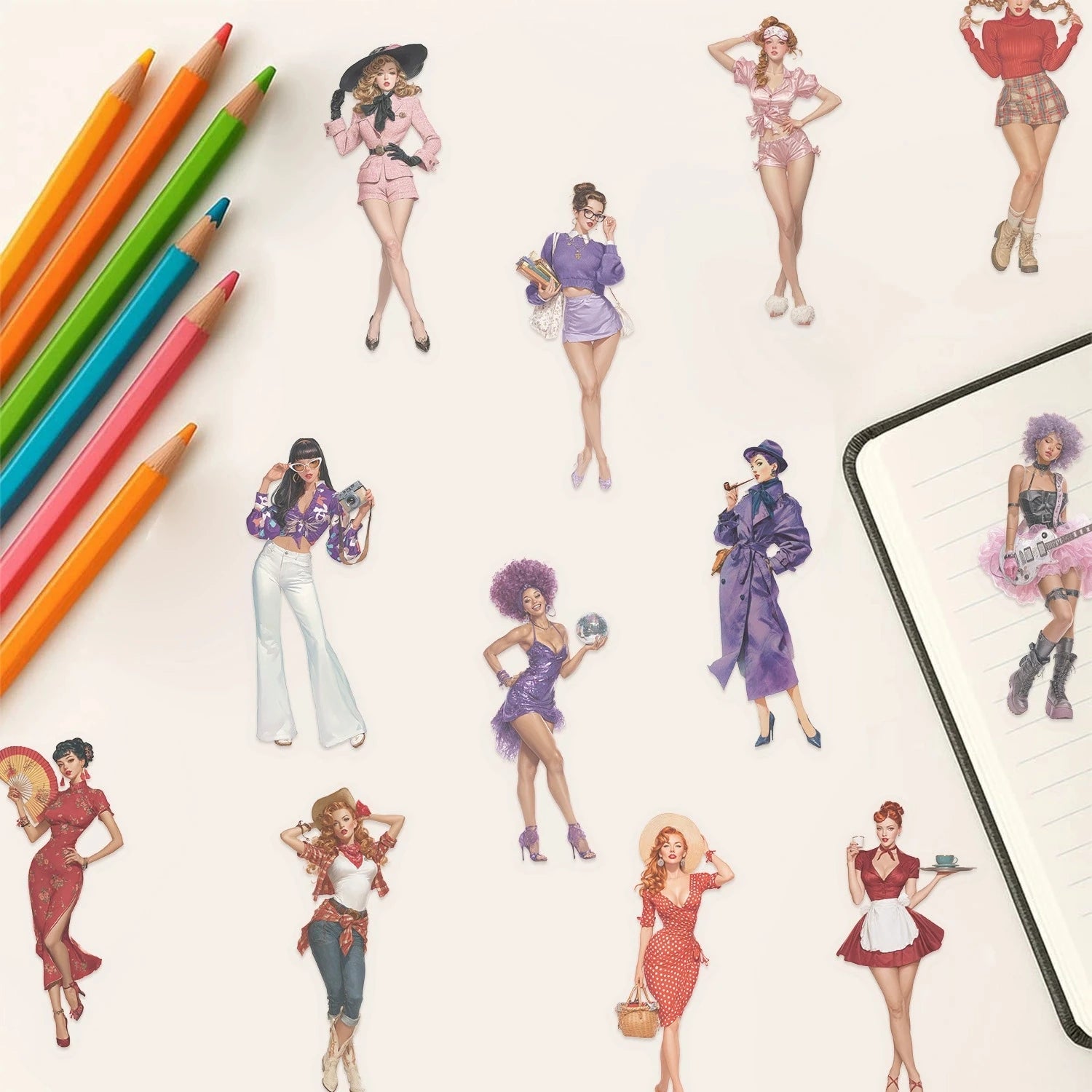 50/100PCS Cartoon Pop Girl Sticker Pack Waterproof Transparent PET Laptop Decorative Guitar Notebook Stationery Stickers