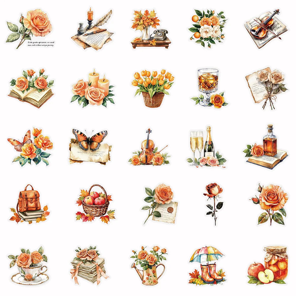 10/30/50Pcs Transparent PET Vintage Orange Stickers Books Luggage Stickers Phone DIY For Stationery Decor