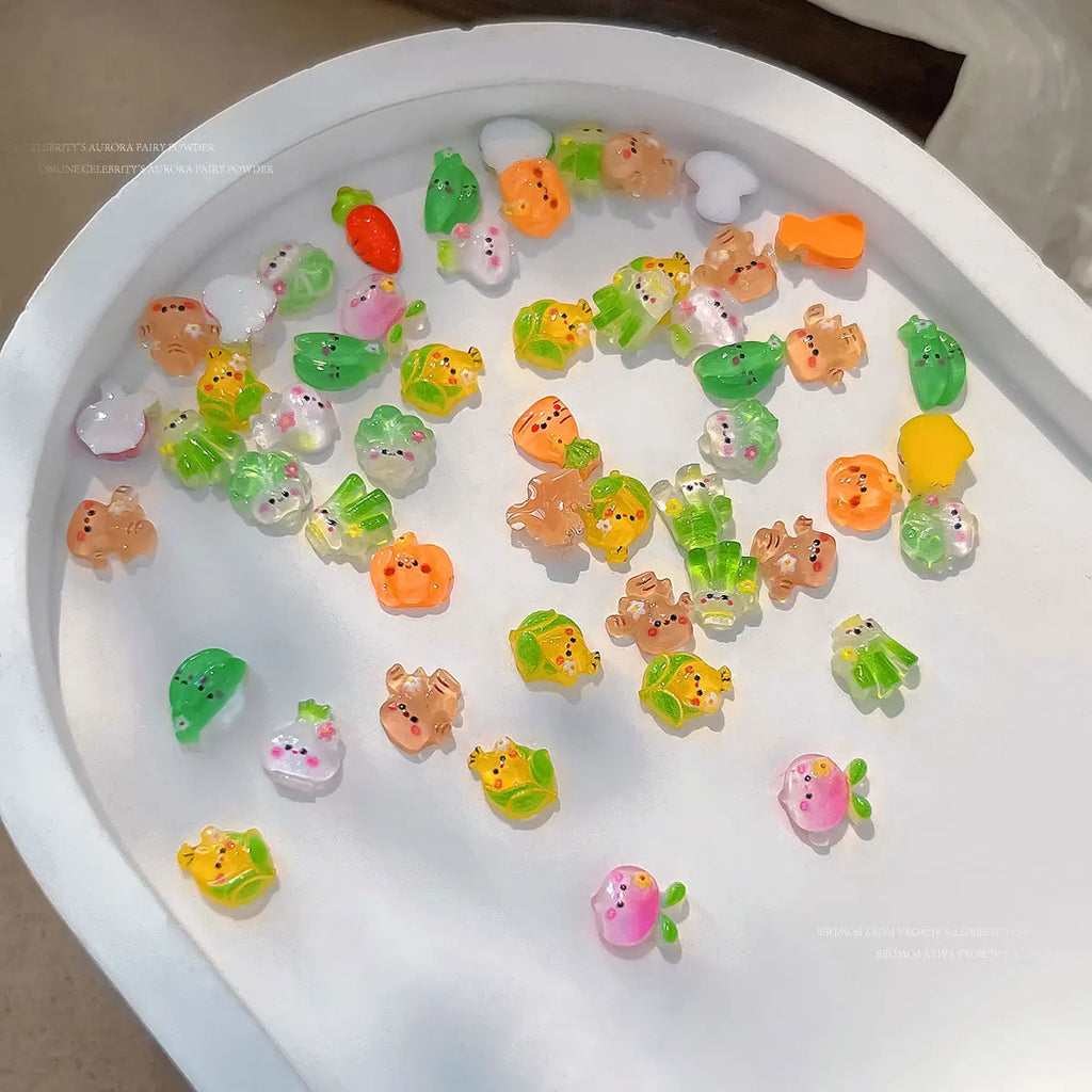 Ice-transparent Vegetable Nail Art Accessories Cute Mini Nail Charms Cabbage Corn Resin Nail Rhinestones Cartoon Decoration 20pc